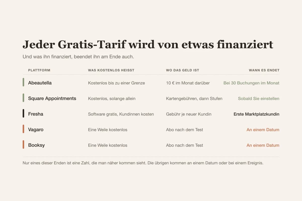 Fünf Salonplattformen und wo jede ihr Geld verdient: eine Buchungsgrenze, eine Personengrenze, eine Gebühr je neuer Kundin oder ein ablaufender Test