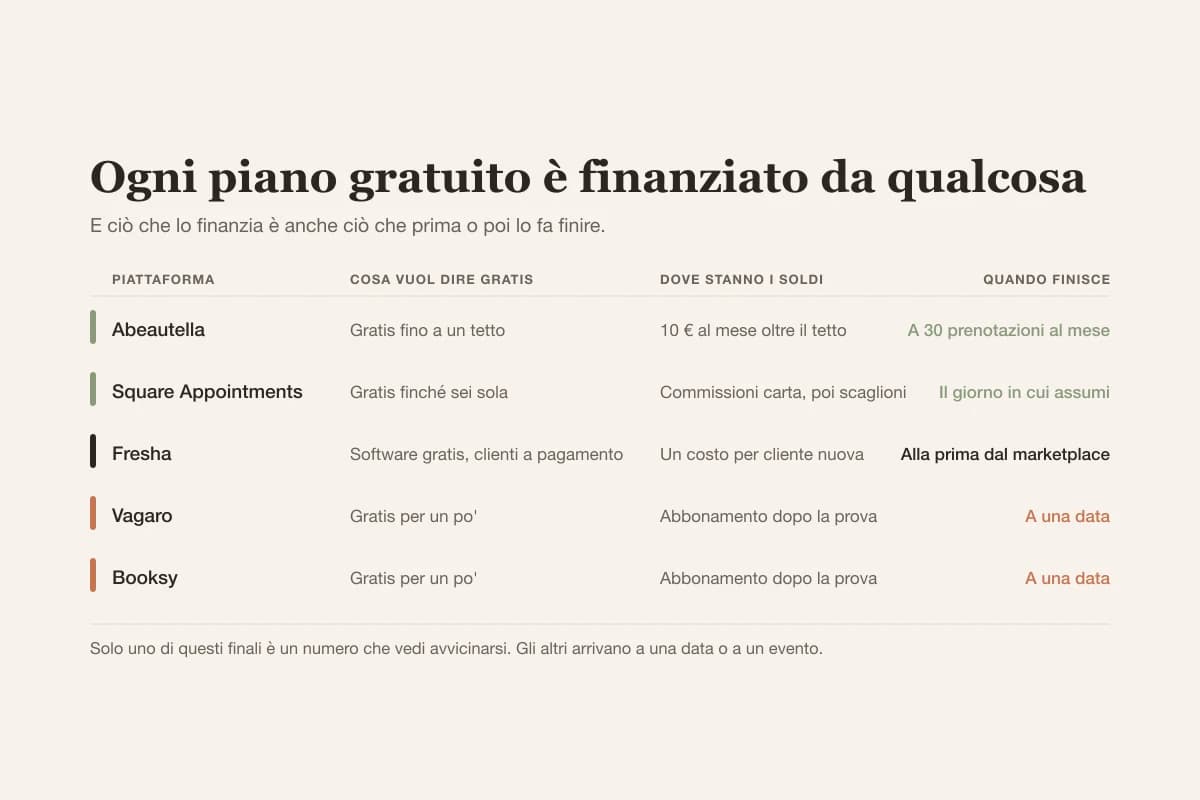 Cinque piattaforme per saloni e dove ciascuna guadagna: un tetto di prenotazioni, un limite di persone, un costo per cliente nuova o una prova che scade
