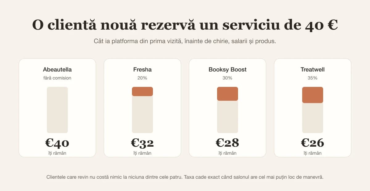 Grafic: dintr-o primă vizită de 40 € salonului îi rămân 40 € cu Abeautella, 32 € cu Fresha, 28 € cu Booksy Boost, 26 € cu Treatwell
