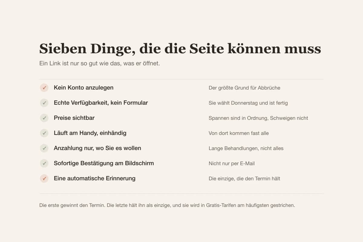 Sieben Anforderungen an eine Buchungsseite für Salons: kein Konto, echte Verfügbarkeit, klare Preise, Handy zuerst, Anzahlung wo nötig, Bestätigung und Erinnerung