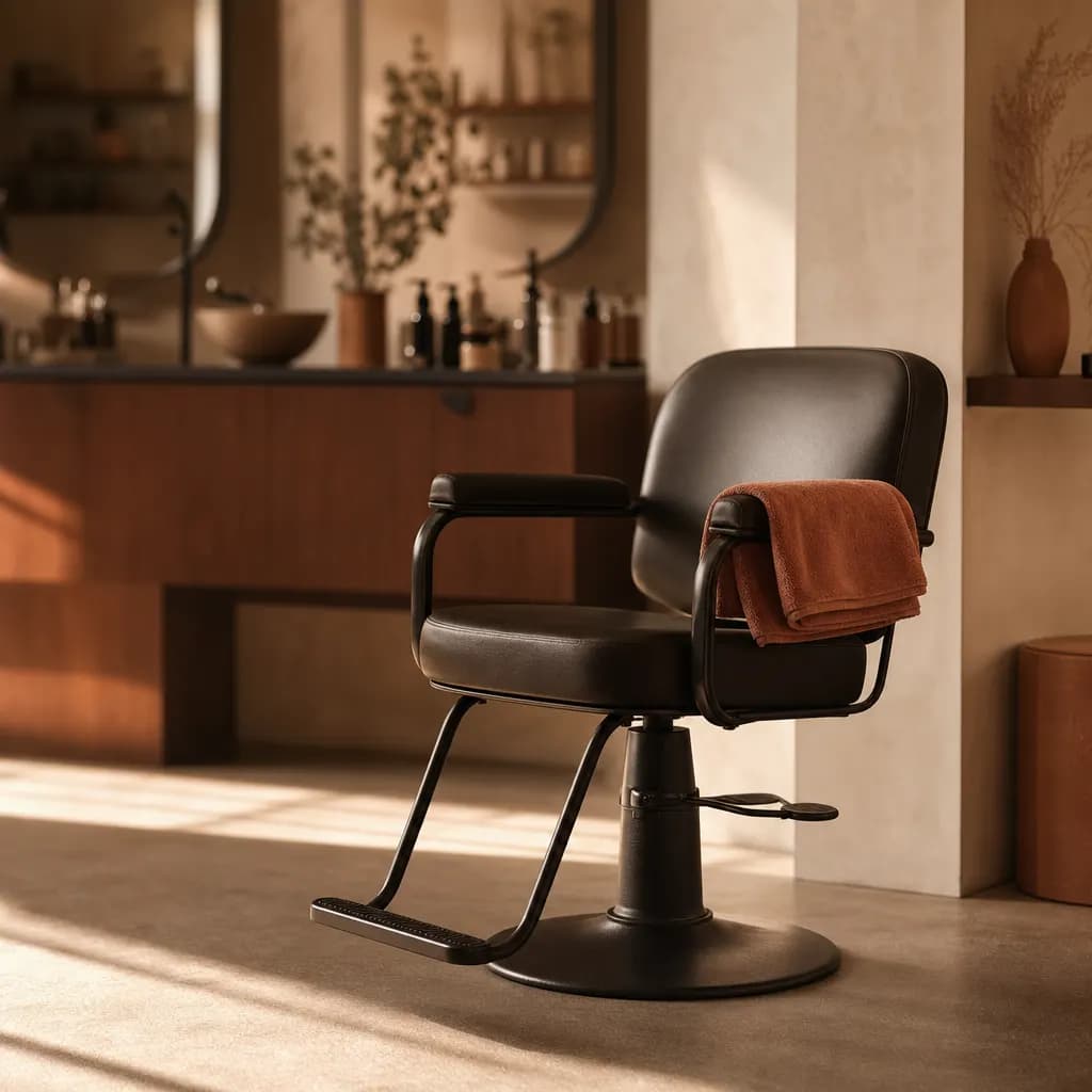 An empty styling chair in a quiet salon in the late afternoon