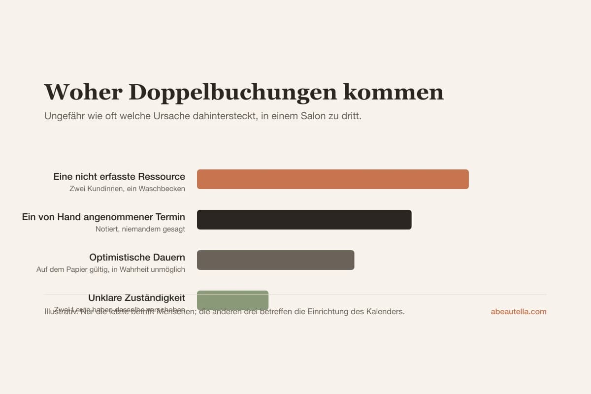 Vier Ursachen für Doppelbuchungen nach Häufigkeit: eine nicht erfasste gemeinsame Ressource, ein von Hand angenommener Termin, optimistische Dauern und unklare Zuständigkeit für den Kalender