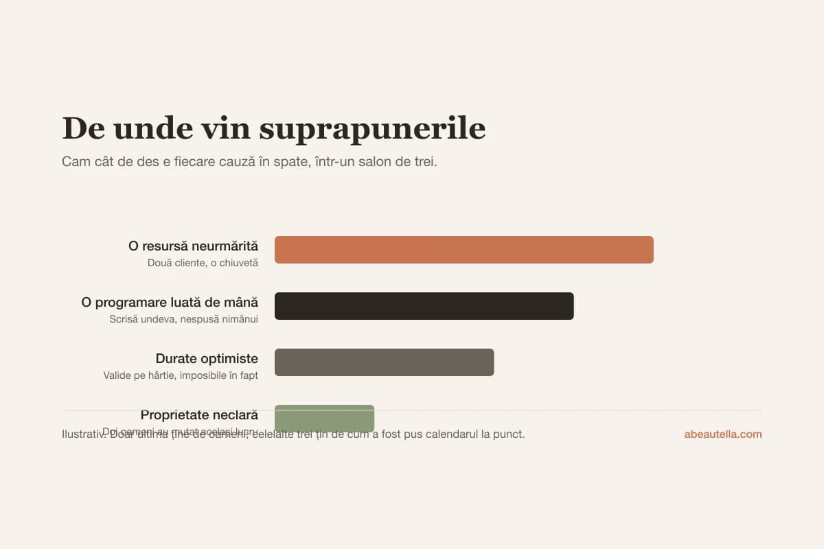 Patru cauze ale suprapunerilor, ordonate: o resursă comună neurmărită, o programare luată de mână, durate optimiste și proprietate neclară asupra calendarului